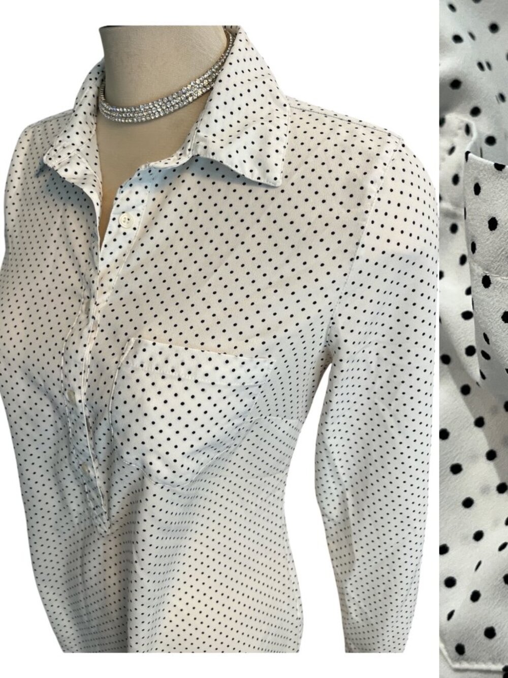 MERONA Blouse Top Polka Dot White & Black 1/2 Button Up Long Sleeves Sz Small